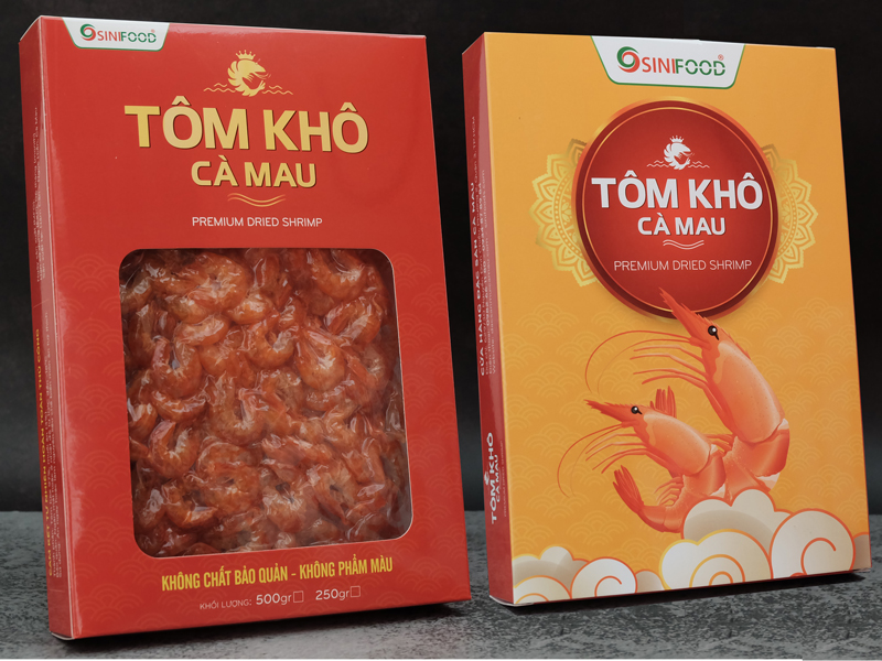 Tôm khô được đóng gói đẹp mắt có thể mang làm quà